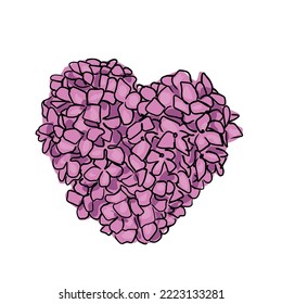 a big pink heart made of small flowers. cartoon sketch on a white background