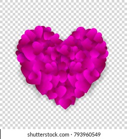 Big pink heart made of small hearts isolated on transparent background, symbol of love, loyalty and kindness, element for valentines day or wedding greeting card. Vector illustration, icon, clip art. 