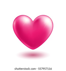 Big pink heart with soft shadow. Love symbol. Realistic design. Isolated element on white background. Vector illustration.