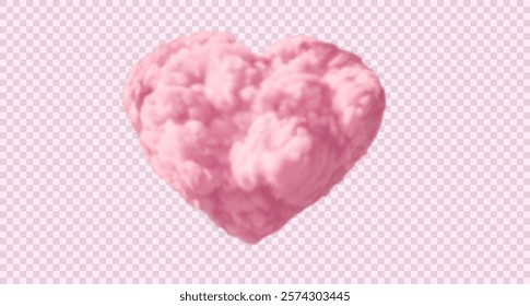 Big pink heartshaped fluffy cloud. Vector realistic design element. Realistic rose colored cloud isolated on transparent background