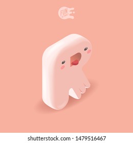 Big pink kawaii isometric letter R on a pink background. Cute 3D cartoon alphabet for children. Animal font with face