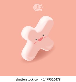 Big pink kawaii isometric letter X on a pink background. Cute 3D cartoon alphabet for children. Animal font with face