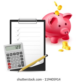 Big pink moneybox, Coins, Note, Pen and Calculator on a white background