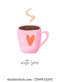 Taza rosa grande de café negro al vapor. Taza rosa pastel decorada con un corazón rojo. Tarjeta linda del día de San Valentín para los amantes del café. Tarjeta de felicitación con taza de café dibujado a mano y con deseos de amor. RGB.