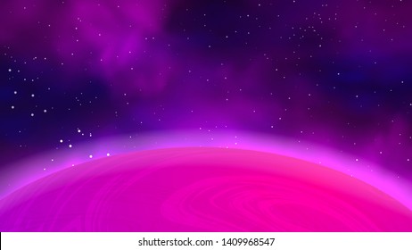 Big pink planet. Starry space vector illustration.