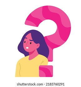 Gran signo de interrogación rosa con una mujer haciendo una curiosa expresión facial aislada en fondo blanco. Icono para información, asistencia al cliente, preguntas frecuentes o preguntas frecuentes y A. Ilustración vectorial plana. 