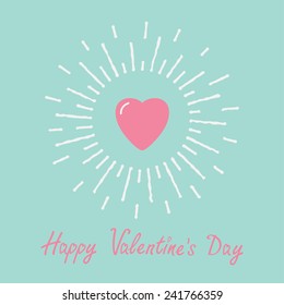 Big pink shining heart and word love. Happy Valentines day card Flat design Vector illustration.