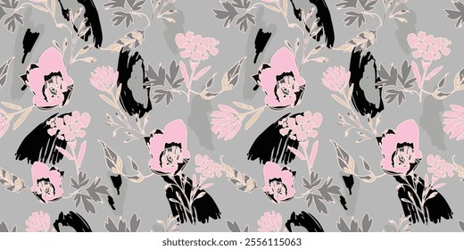 Big Pink Watercolor flowers on grey background. Modern Botanical Wallpaper. Can be used for Print on fabric, wrapping paper, wallpaper	