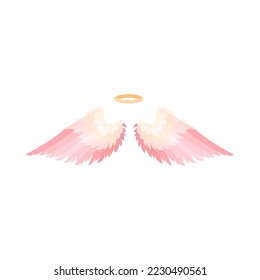 Big pink wings and halo flat vector illustration. Cartoon drawing of pair of angel wings and gold nimbus isolated on white background. Love, heaven, religion, freedom concept