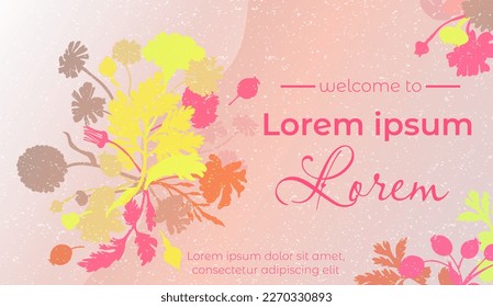 Big pinkish banner with a colorful background, with leaves and flowers made in silhouettes. A snow-like white texture sprayed all over. Plant parts of the Marigold, Calendula, Dog Rose, and Camomile.