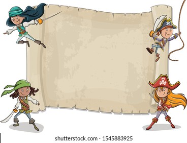 Big pirate map and cartoon pirate children