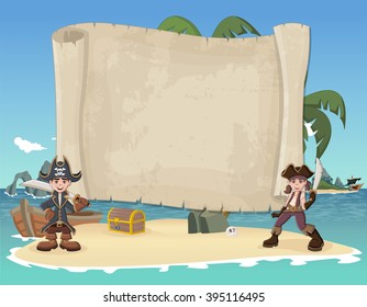 Big pirate map and cartoon pirate children on a beautiful tropical beach 
