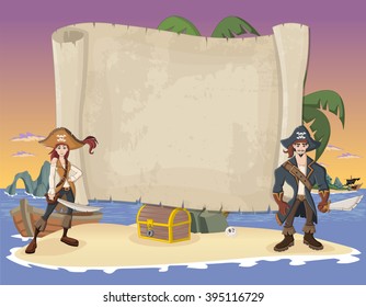 Big pirate map and cartoon pirates on a beautiful tropical beach 
