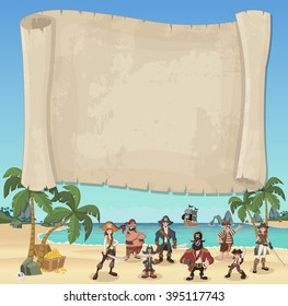 Big pirate map and cartoon pirates on a beautiful tropical beach 
