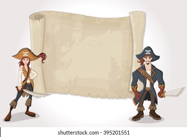 Big pirate map and cartoon pirates