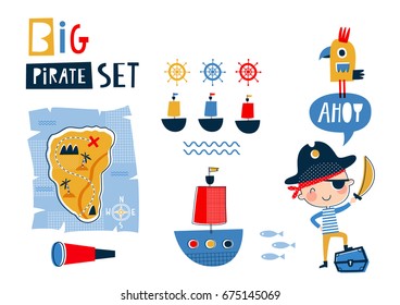 Big pirate set: cute templates for birthday, anniversary, party invitations, summer holidays. Hand drawn vector illustration in red, yellow and blue colors