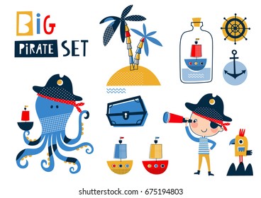 Big pirate set: cute templates for birthday, anniversary, party invitations, summer holidays. Hand drawn vector illustration in red, yellow and blue colors