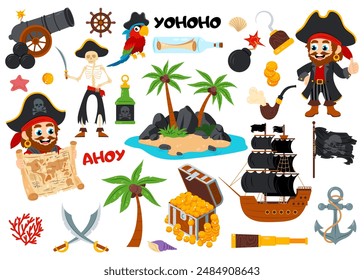A big pirate set of different flat style items. Islands, adventures, pirates, maps. Cartoon illustrations of pirate items.