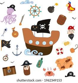 Große Piratenbesteck. Vektorgrafik mit handgezeichneten Elementen aus Piraten, Schiff, Tintenfisch, Flagge, Anker, Papagei, Fass, Brust, Schatzkarte, Haken, Schwerter, Rettungsfloh, Hut, Lenkrad, Schädel und Knochen.