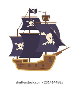 Gran barco pirata con velas negras de estilo plano, ilustración vectorial aislada en fondo blanco. Transporte de agua, elemento de diseño decorativo infantil, calaveras y huesos