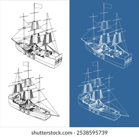 Big pirate ship line vector technical drawing blueprint isolated on transparent background