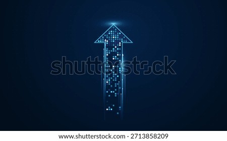 A Big Pixels Dots Arrows blue on Dark background with Vertical neon arrows create a sleek growth pillar, capturing momentum, scalability, and futuristic finance.