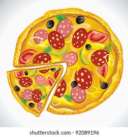 Große Pizza Bolognese einzeln auf weißem Hintergrund. Abstrakt Eleganter Lebensmittelhintergrund.