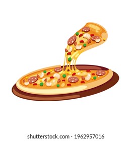 Big pizza with cheese and sausages. Vector illustration 