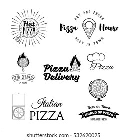 Big Pizza label and badge. Globe, Cartoon box, point of map, wood platter, hat of chef, flame. vintage vector illustration. 