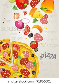 Big pizza with salami, paprika and olives. Abstract Elegance food background.