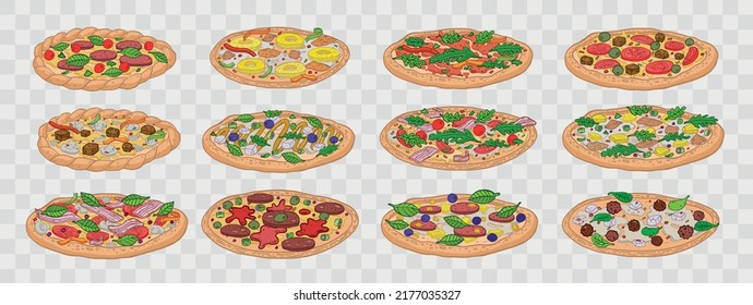 Big pizza set. Vector illustration.