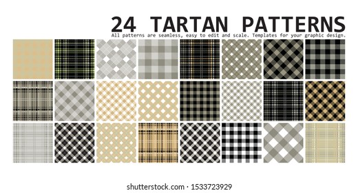 Big plaid pattern set. 24 seamless tartan patterns. Vector illustration