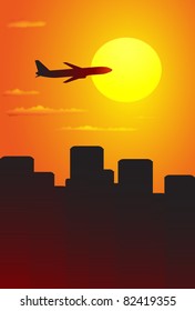 Big plane in red sky above the city