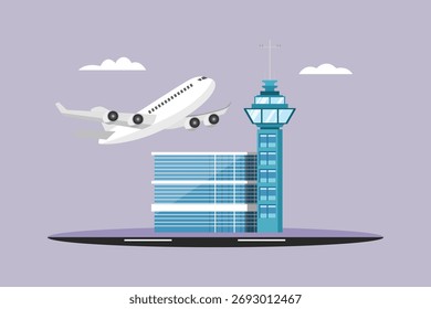Großer Fliegerabflug am Flughafen. Flugzeug Landung und Start Concept. Farbige, flache Vektorgrafik einzeln