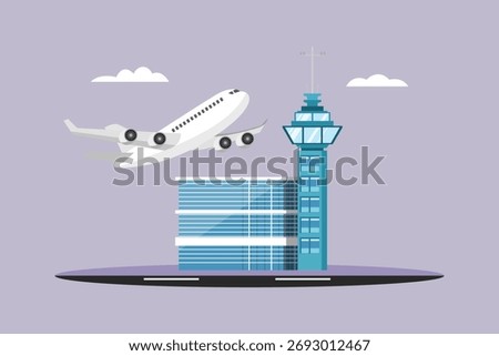 Big plane take off at airport. Aircraft landing and take off Concept. Colored flat vector illustration isolated
