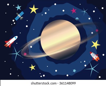 Big planet Saturn in the space with stars and shuttles.