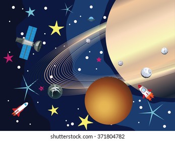 Big planet Saturn in the space with stars and shuttles.