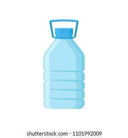 Big plastic bottle with blue lid and handle for carrying. Container for drinking water. Flat vector element for banner or poster