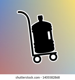 Big Plastic bottle of water on track. Black icon in white shell at pastel color background. Illustration.