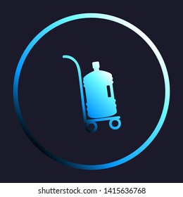 Big Plastic bottle of water on track. White, cyan and blue gradient icon as round button in white shell at dark blue background. Illustration.