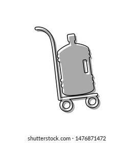 Big Plastic bottle of water on track. Black line icon with gray shifted flat filled icon on white background. Illustration.