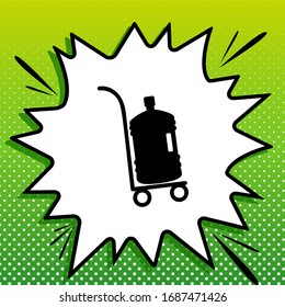 Big Plastic bottle of water on track. Black Icon on white popart Splash at green background with white spots. Illustration.