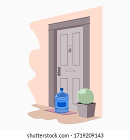 Big plastic water bottle left in front of the house. Safe contactless purified, clean water delivery to home. Ordered online. Self isolation.