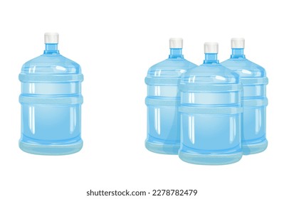 Big plastic water bottles containers.Water delivery service of fresh purified water. Vector illustration on white becground.