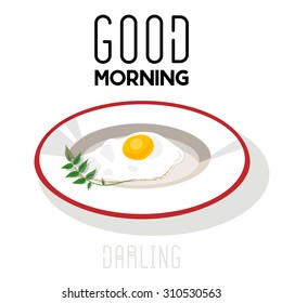 A big plate with fried egg isolated on a white background. 'Good Morning' poster. The plate with an egg can be used as an object.