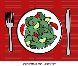 Big Plate of Salad with Fork and Knife - Vector Illustration. (High Resolution JPEG Version Also Available).