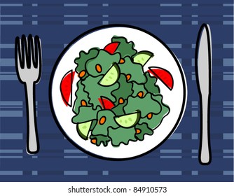 Big Plate of Salad with Fork and Knife - Retro Style Vector Illustration. (high resolution JPEG also available).