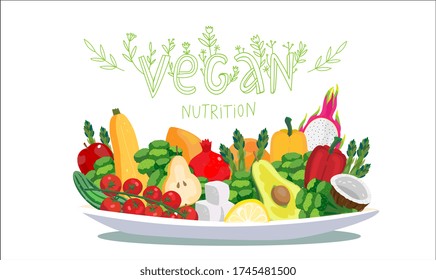 Big plate with vegan foods -  fresh raw vegetables and fruits. Vector illustration concept with floral lettering for banner, flyer, menu card. Avocado, tomato, pepper, broccoli, asparagus, tofu
