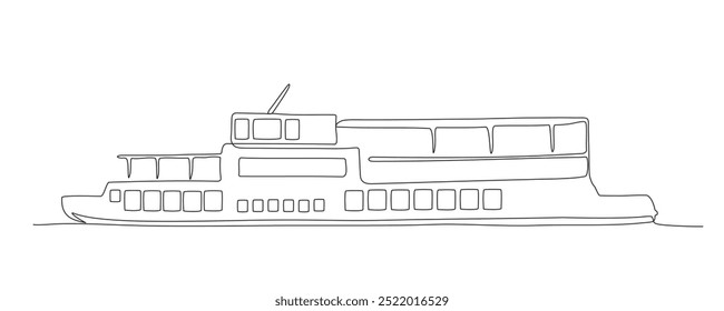 Big pleasure boat with 2 open air decks. Side view. Black and white vector illustration in line art style.