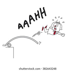 The big plunge of Karen. Karen, the business woman plunges  head first into water. that is a metaphor of a big challenge.